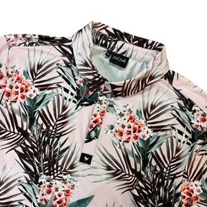 Bad Birdie Mens Pink Tropical Floral Palm Leaf Golf Polo Shirt Large L